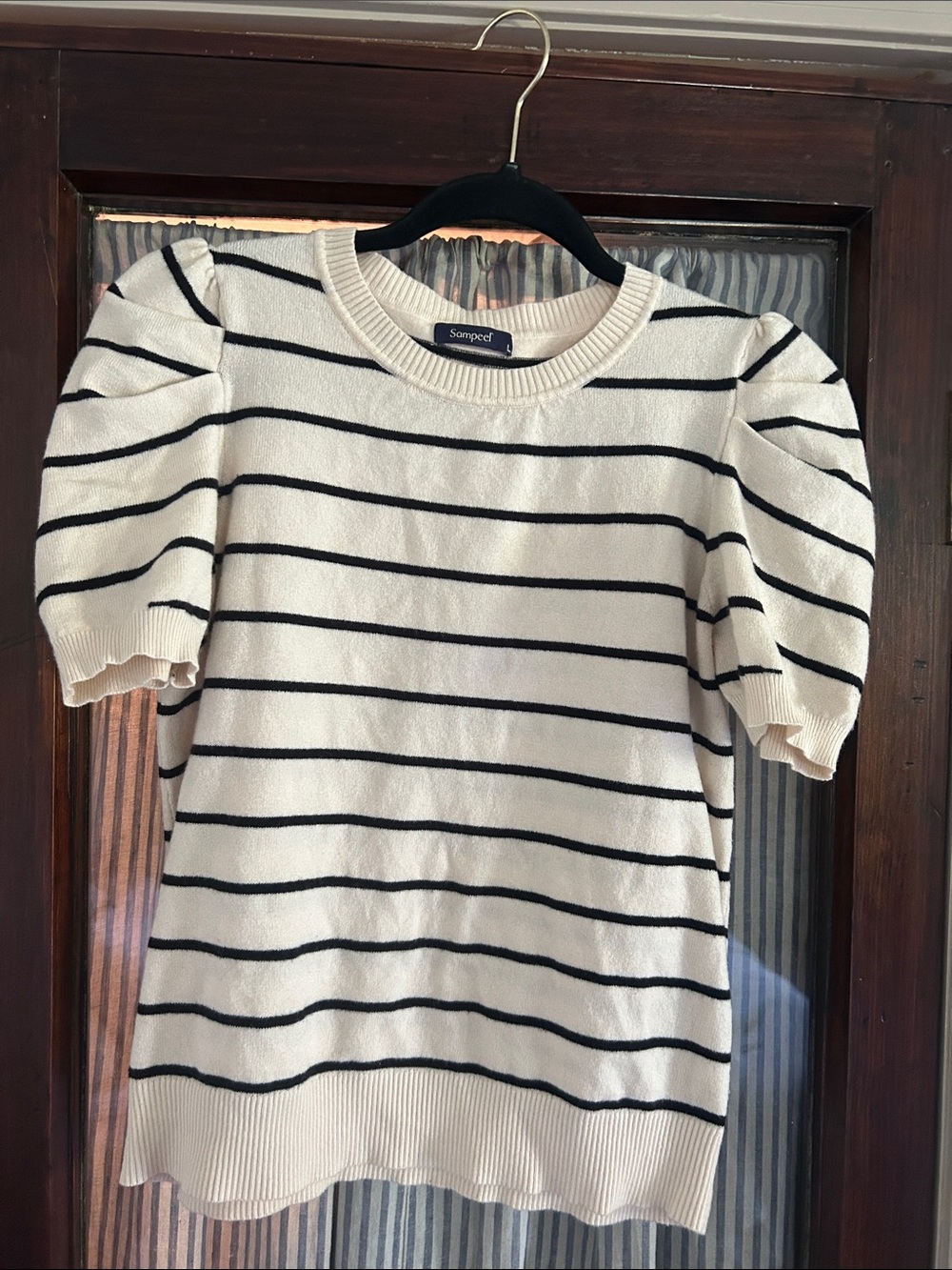Cream & Black Striped Puff Sleeve Crew Sweater